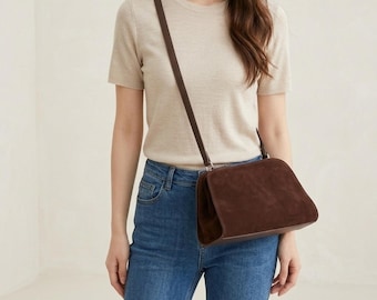 Minimalist Suede Shoulder Bag, Luxury Underarm Purse for Women, Soft Brown Suede Handbag, Retro Aesthetic Evening Bag, Chic Daily Suede Hobo