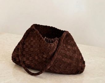 Borsa a tracolla in pelle scamosciata intrecciata, borsa hobo in pelle scamosciata, borsa tote in pelle scamosciata fatta a mano, borsa sottobraccio minimalista, borsa da pendolare intrecciata, borsetta in pelle per tutti i giorni