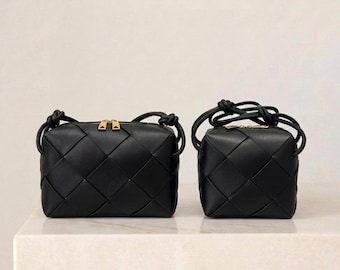 Borsa in pelle intrecciata, borsa a tracolla in pelle intrecciata da donna, borsa a mano con manico annodato fatta a mano, pochette da sera minimalista, piccola borsa a tracolla di lusso