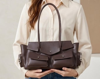 Minimalist Work Tote Leather Commuter Bag Large Capacity Bag for Women Weekender Daily Handbag Cowhide Shoulder Bag Classic Luxury Tote