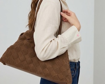 Borsa in pelle scamosciata, borsa intrecciata in vera pelle, borsa tote in pelle scamosciata, borsa tote in pelle bovina, borsa grande in pelle scamosciata, borsa a tracolla intrecciata, regalo per la suocera