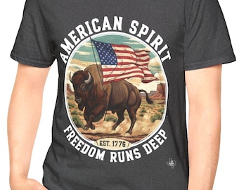 American Spirit Buffalo and Flag T-Shirt | Quality/Comfy Patriotic Bison Graphic Tee