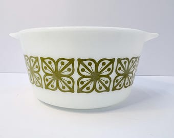 Pyrex Casserole Dish #473, 1 Quart, Verde Square Flowers, No Lid