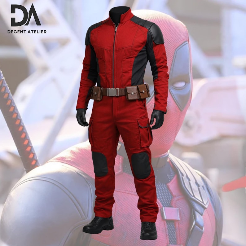 deadpool cosplay suit mens red black tactical cotton outfit with leather belt