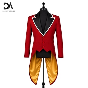 May include: A red tailcoat jacket featuring a black lapel with white piping, three front buttons, and a gold satin lining. The garment is displayed on a mannequin. The text DECENT ATELIER is visible in the upper left corner of the image.