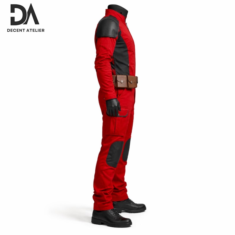red black deadpool suit cotton fabric cosplay costume with leather belt pouch