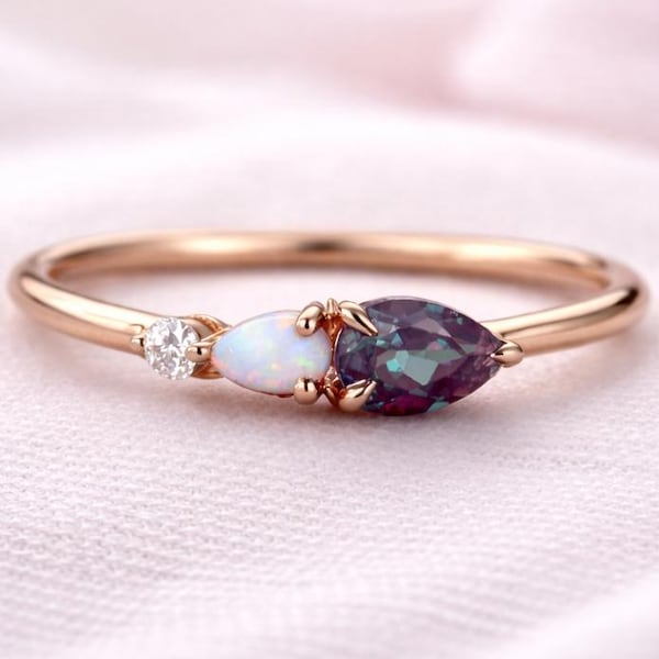 Alexandrite and Opal Ring, Rose Gold, Pear Cut Engagement Ring