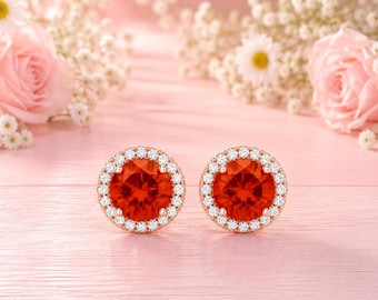 Carnelian Stud Earrings for Women, Rose Gold Halo Earrings, Round Gemstone Earrings, July Birthstone Jewelry Gift