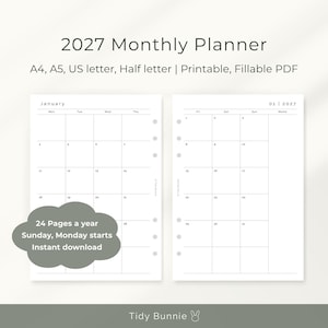 Puede incluir: Un planificador mensual 2027 en PDF imprimible y rellenable con dos páginas blancas y líneas de cuadrícula negras para enero. El texto dice 2027 Monthly Planner, A4, A5, US letter, Half letter, 24 Pages a year, Sunday, Monday starts, Instant download, Tidy Bunnie.