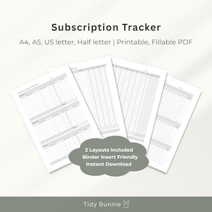 Utskriftbar PDF för prenumerationskostnader, månads- och årsfakturaorganisatör, ifyllbar planerare