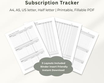 May include: A printable and fillable PDF subscription tracker with three distinct layouts. The document features columns for subscription names, renewal dates, auto-renew checkboxes, and amounts. Text includes Subscription Tracker, A4, A5, US letter, Half letter, Printable, Fillable PDF, 3 Layouts Included, Binder Insert Friendly, Instant Download, and Tidy Bunnie.