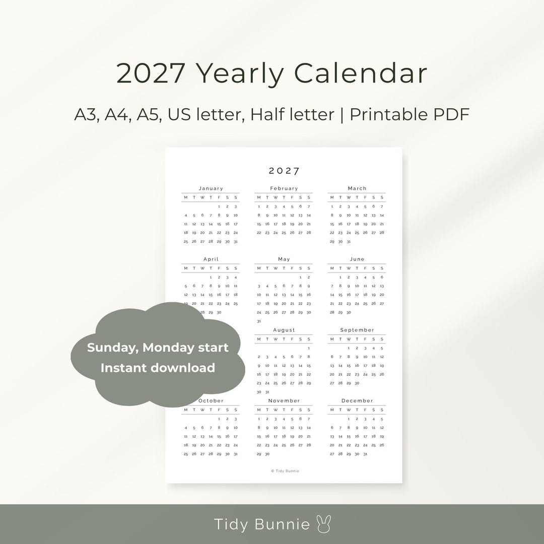 2027 Year at a Glance Calendar Printable One Page Yearly Planner ...