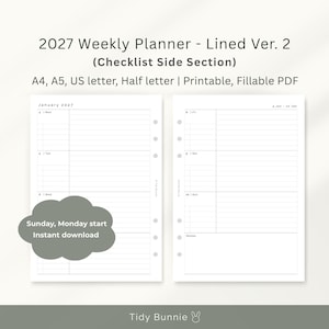 Op de afbeelding: Een wekelijkse planner voor 2027 met een gelinieerde lay-out en een checklist-sectie aan de zijkant. De tekst luidt 2027 Weekly Planner - Lined Ver. 2 (Checklist Side Section), A4, A5, US letter, Half letter | Printable, Fillable PDF, January 2027.