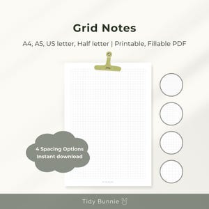 May include: A white grid paper with a gold-colored clip, featuring the text "Grid Notes" and "4 Spacing Options Instant download". The paper is designed for A4, A5, US letter, and half-letter sizes.