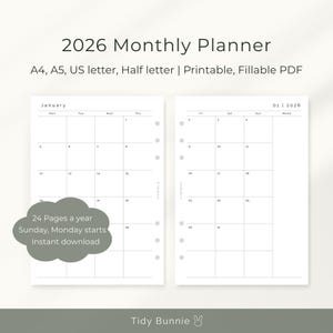 May include: A white 2026 monthly planner with a minimalist design. The planner includes a calendar layout for January, with the days of the week labeled. Text on the image includes "24 Pages a year" and "Instant download."