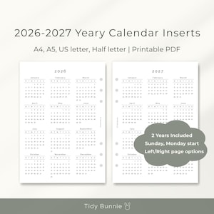 May include: A printable PDF calendar insert for 2026-2027. The calendar is available in A4, A5, US letter, and half-letter sizes. The design includes options for Sunday or Monday start, and left/right page layouts. The calendar is in black and white.