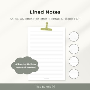 Lined Notes Page Printable Editable Fillable PDF, Journal Template Adjustable Line Spacing (Digital Download)