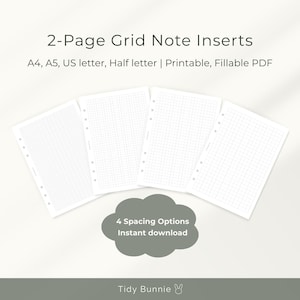 Può includere: Quattro fogli bianchi per note a griglia con motivi a punti e quadrati. Il testo dice "2-Page Grid Note Inserts" e "4 Spacing Options Instant download". Disponibili nei formati A4, A5, US letter e mezza lettera. PDF stampabile e compilabile.