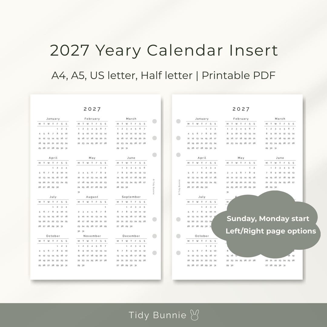2027 Jahreskalender 2027 zum Ausdrucken, Planer Einlagen, A4 A5 Letter