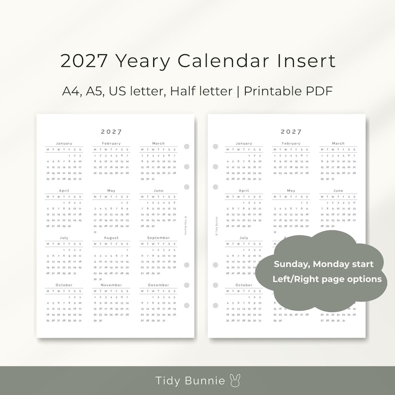2027 Yearly Calendar Printable, Planner Insert, A4 A5 Letter Half (PDF