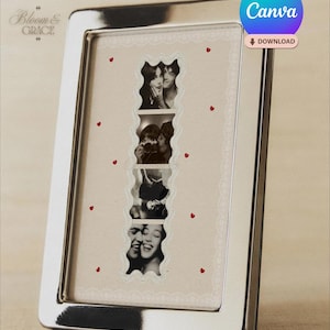 Puede incluir: Un marco de fotos de metal plateado con una serie de fotos en blanco y negro. El marco tiene forma rectangular con esquinas redondeadas. Las fotos son de parejas. El fondo es beige con detalles de corazones rojos y un borde de encaje. El logo de Canva es visible.