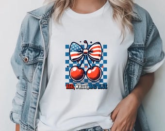 Comfort Colors® America Cherry Shirt, Coquette Bow USA Flag T-Shirt, Preppy 4th Of July Shirt, Stars And Stripes Shirt, Patriotic Summer Tee