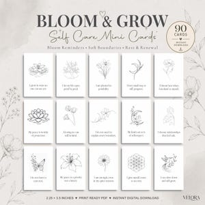 Può includere: Un set di 90 mini carte per la cura di sé Bloom & Grow con illustrazioni a linee nere di fiori, natura e forme geometriche con testo ispiratore. Ogni carta misura 5,71 x 8,89 cm, disponibile come download PDF pronto per la stampa.
