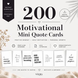 200  Mini Quote Cards Bundle - Affirmation | Confidence, Motivation - Positive Mindset  | Success & Productivity Printable  | 2.25 x 3.5 inc
