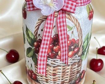 Tarro de cristal hecho a mano con decoupage de cerezas / Decoración de almacenamiento estilo cottagecore