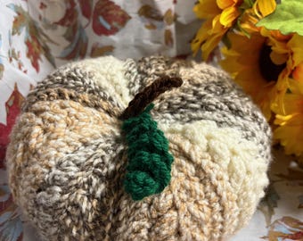 Large brown wheat stitch pumpkin with crochet stem and vine