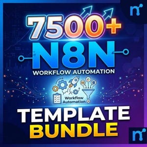 May include: A digital graphic with the text "7500+ N8N WORKFLOW AUTOMATION TEMPLATE BUNDLE". The design features a blue and purple gradient background with glowing lines and icons related to workflow automation, including a rocket and gears.