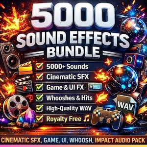 May include: A digital graphic promoting a 5000 Sound Effects Bundle. The image features the text "5000 SOUND EFFECTS BUNDLE" in large, bold letters. Additional text highlights features like "5000+ Sounds," "Cinematic SFX," and "Royalty Free." The design includes sound equipment and a game controller.