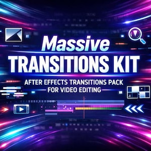 May include: A digital graphic with the words "Massive Transitions Kit" in white, with the text "After Effects Transitions Pack For Video Editing" below. The background is a vibrant mix of blue, purple, and pink with graphic elements.