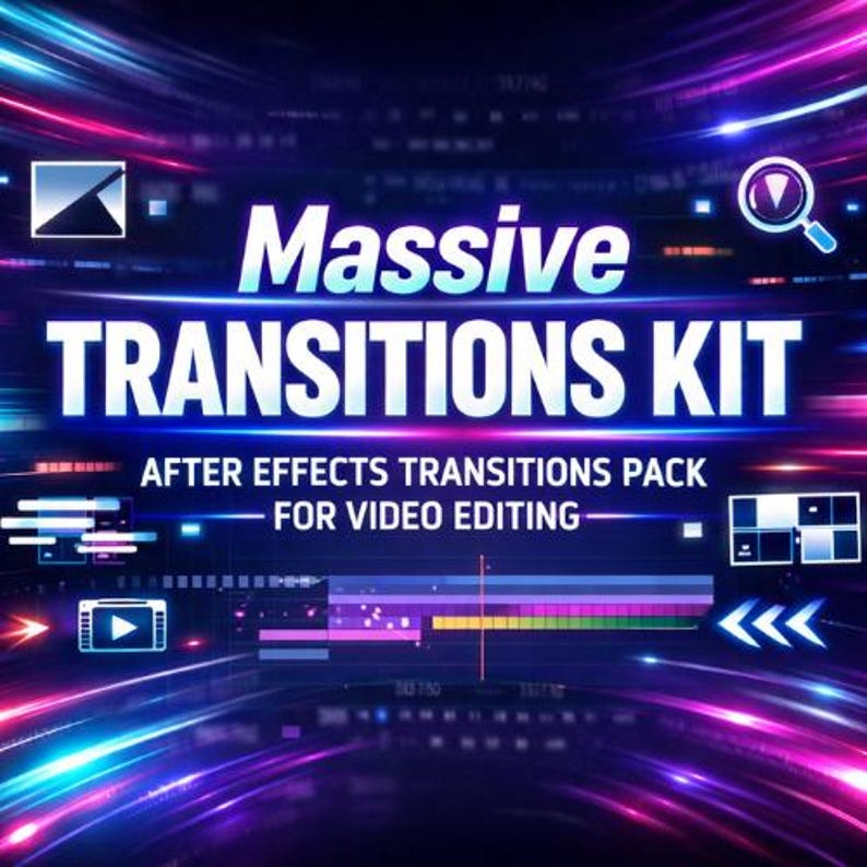 May include: A digital graphic with the words "Massive Transitions Kit" in white, with the text "After Effects Transitions Pack For Video Editing" below. The background is a vibrant mix of blue, purple, and pink with graphic elements.
