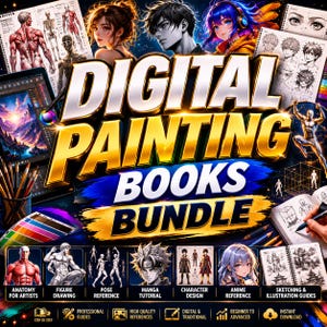 May include: A bundle of digital painting books with the title "DIGITAL PAINTING BOOKS BUNDLE" in large, gold lettering. The image features illustrations of anatomy, figure drawing, manga tutorials, and anime references. The bundle includes guides for beginners to advanced artists.