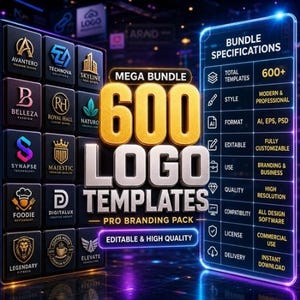 Puede incluir: Un paquete de productos digitales con más de 600 plantillas de logotipos. La imagen muestra varios ejemplos de logotipos, un título 'Mega Bundle' y especificaciones. Las plantillas son editables y de alta calidad, para branding y negocios.