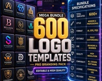 600+ Logo Templates | Pro Branding Pack, Editable Designs (Digital Download)