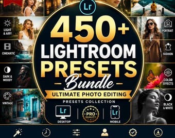 450+ Lightroom Presets Bundle | Ultimative Sammlung von Fotobearbeitungs-Presets | Filmische, Dunkel, Stimmungsvoll, Vintage, Mode, Porträt- und Farbeffekte
