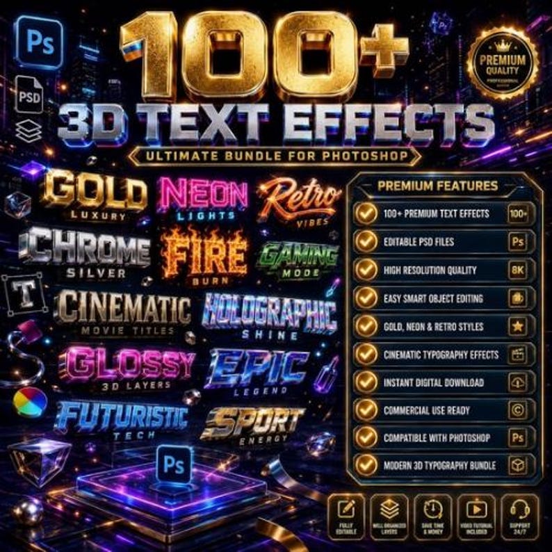 100+ Photoshop 3D Text Effects Bundle | Gold, Neon, Retro, Cinematic ...