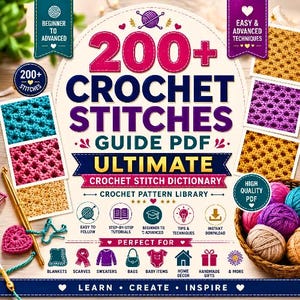 May include: A digital guide titled 200+ Crochet Stitches Guide PDF Ultimate Crochet Stitch Dictionary. The cover features colorful yarn swatches, a gold crochet hook, and a basket of yarn balls, with icons for tutorials, patterns, and projects.