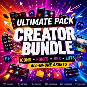 May include: A vibrant graphic promoting a "ULTIMATE PACK CREATOR BUNDLE" with icons, fonts, VFX, and LUTS. The design features colorful visual elements and software logos, including Adobe Photoshop and Premiere Pro, with the text "ALL-IN-ONE ASSETS".