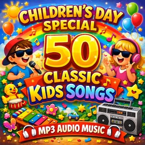 Könnte beinhalten: Buntes Cover für ein Kinder-Musikalbum. Das Bild zeigt den Text "Children's Day Special" und "50 Classic Kids Songs". Cartoon-Kinder, Noten und ein Ghettoblaster sind ebenfalls enthalten.