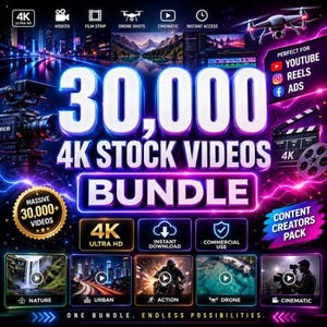 May include: A digital graphic advertising a 4K stock videos bundle. The image displays the text "30,000 4K Stock Videos Bundle" in large, illuminated letters. Icons for YouTube, Reels, and Ads are included, along with video categories.