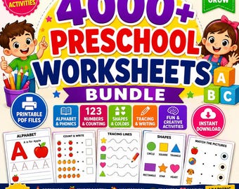 4000+ Preschool Worksheets Bundle| Printable Learning Activities for Kids| Kindergarten Worksheets|Educational PDF Workbook|Digital Download