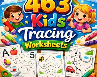 463 Kids Tracing Worksheets, Letters, Numbers, Shapes, Handwriting Practice (PDF Printable Pack)