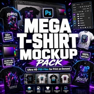 May include: A digital graphic advertisement for a Mega T-Shirt Mockup Pack featuring various t-shirt designs with neon graphics, Photoshop layer panels, and text including Mega T-Shirt Mockup Pack, 20+ Premium Mockups, and 100% Editable.