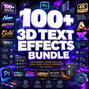 May include: A digital graphic promoting a 3D text effects bundle for Photoshop. The image features the text "100+ 3D TEXT EFFECTS BUNDLE" in large, white, 3D letters. Additional text highlights features like "Gold, Neon, Retro & Cinematic" effects and "4K Ultra HD".