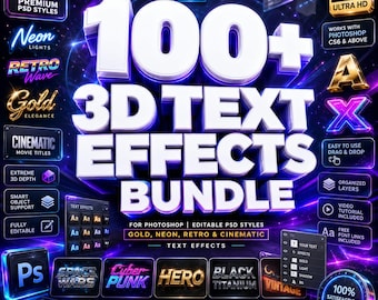 100+ Photoshop 3D Text Effects Bundle | Gold, Neon, Retro, Cinematic Styles