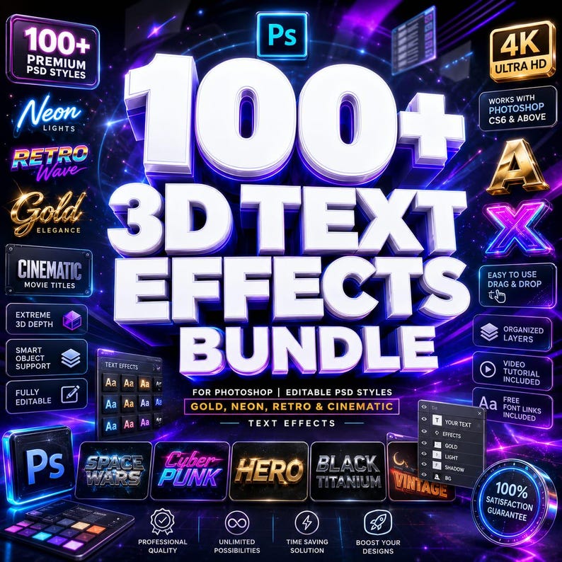 100+ Photoshop 3D Text Effects Bundle | Gold, Neon, Retro, Cinematic ...