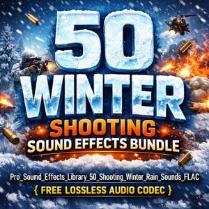May include: A digital graphic for a sound effects bundle. The image features the text "50 WINTER SHOOTING SOUND EFFECTS BUNDLE" in icy blue and orange. A soldier, helicopter, and bullets are also depicted in a winter scene.
